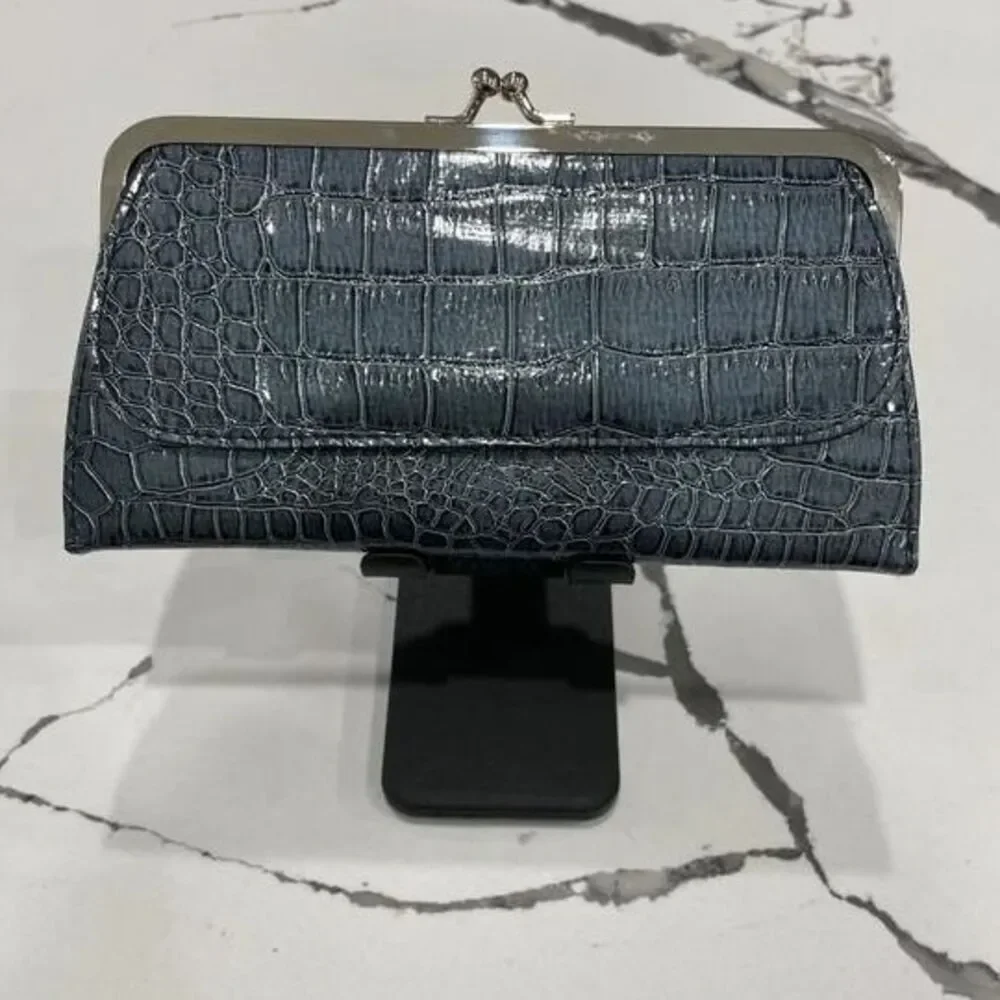Kiss Lock Crocodile Print Blue wallet with outside Snap to pouch